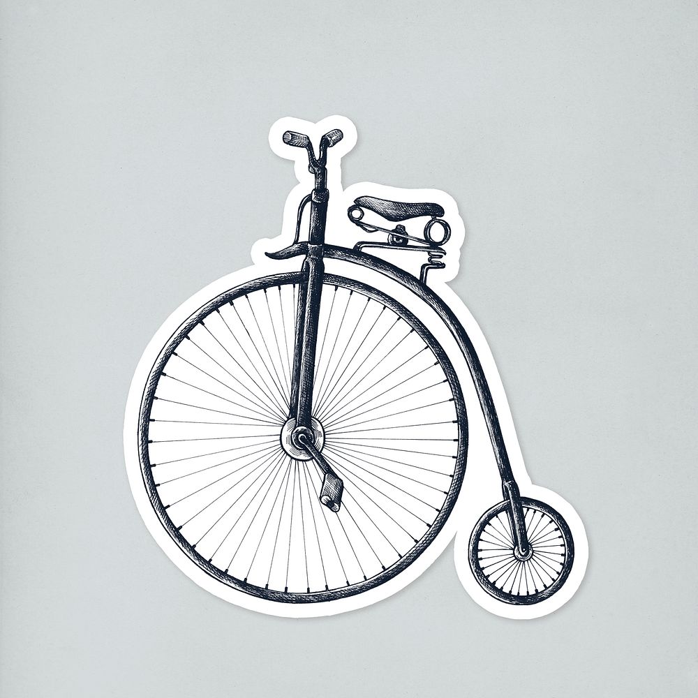 Hand drawn penny farthing bicycle sticker with a white border
