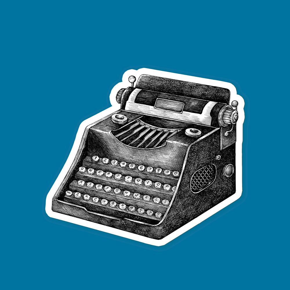 Hand drawn vintage typewriter sticker on blue background