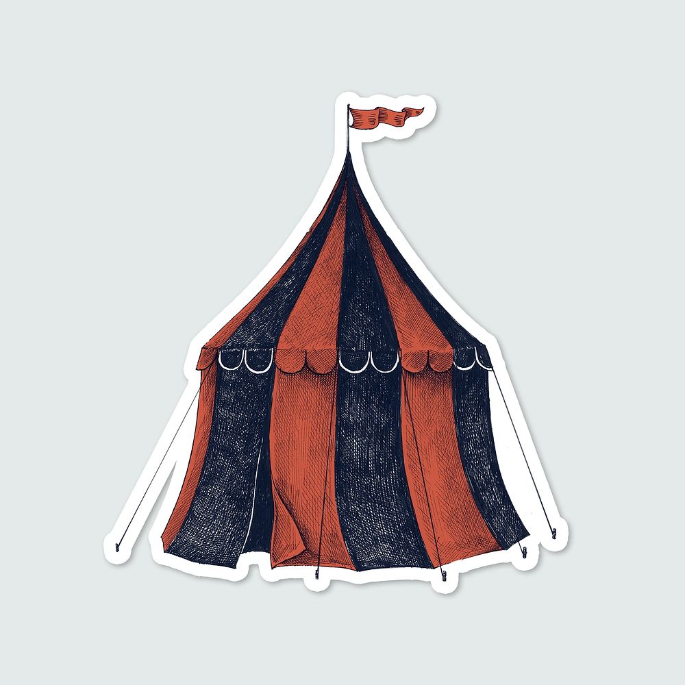 Hand drawn circus tent sticker with a white border