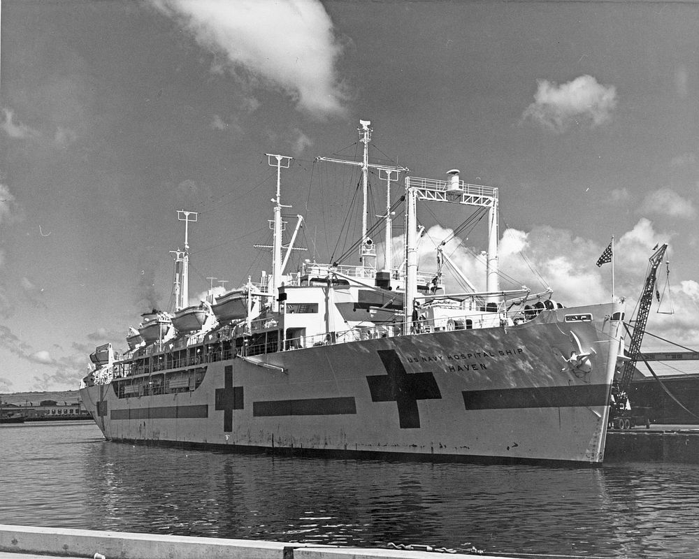 USS Haven recently de-mothballed moored at Pearl Harbor, Territory of Hawaii. [Hospital ships. Transport of sick and…