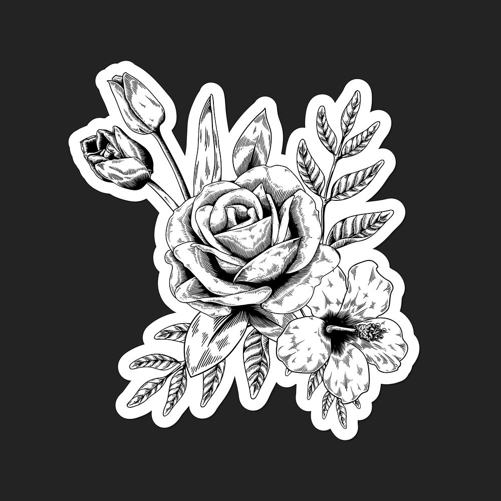 Black and white flower bouquet sticker with a white border vector