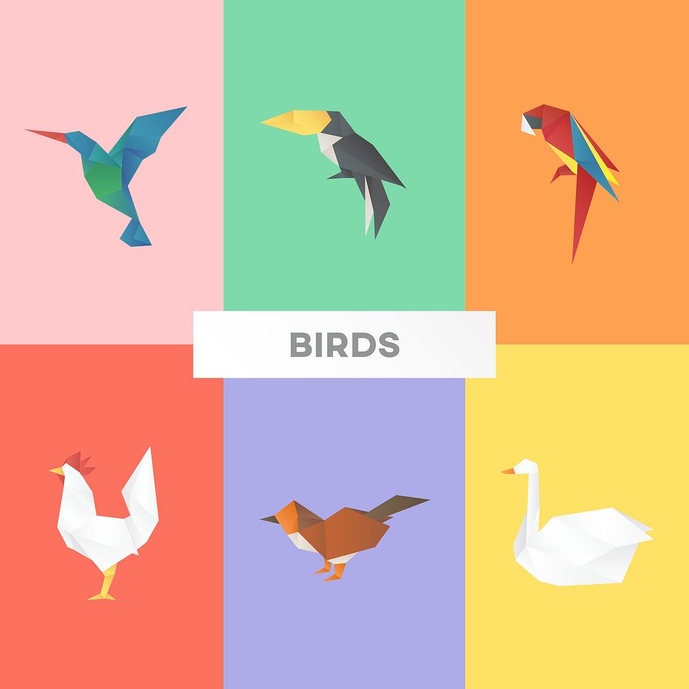 Colorful birds origami craft psd cut out collection