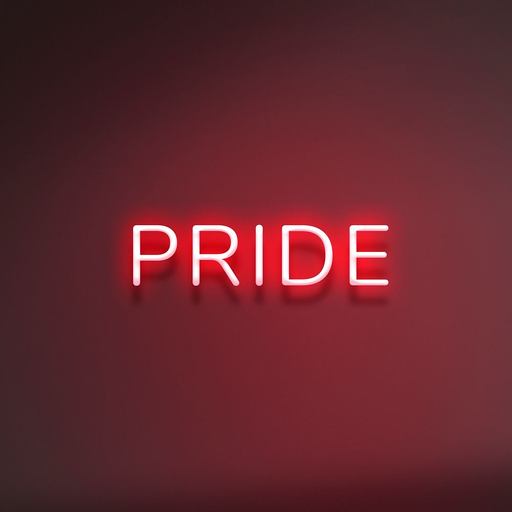 PRIDE neon word typography on a red background