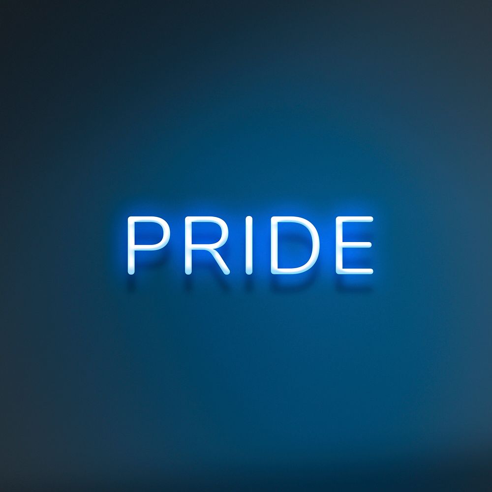 PRIDE neon word typography on a blue background