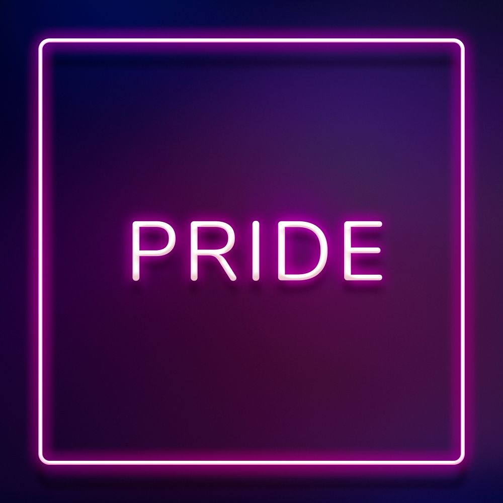 PRIDE neon word typography on a purple background