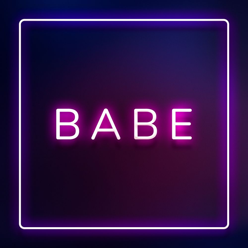 Glowing neon BABE typography on a dark purple background