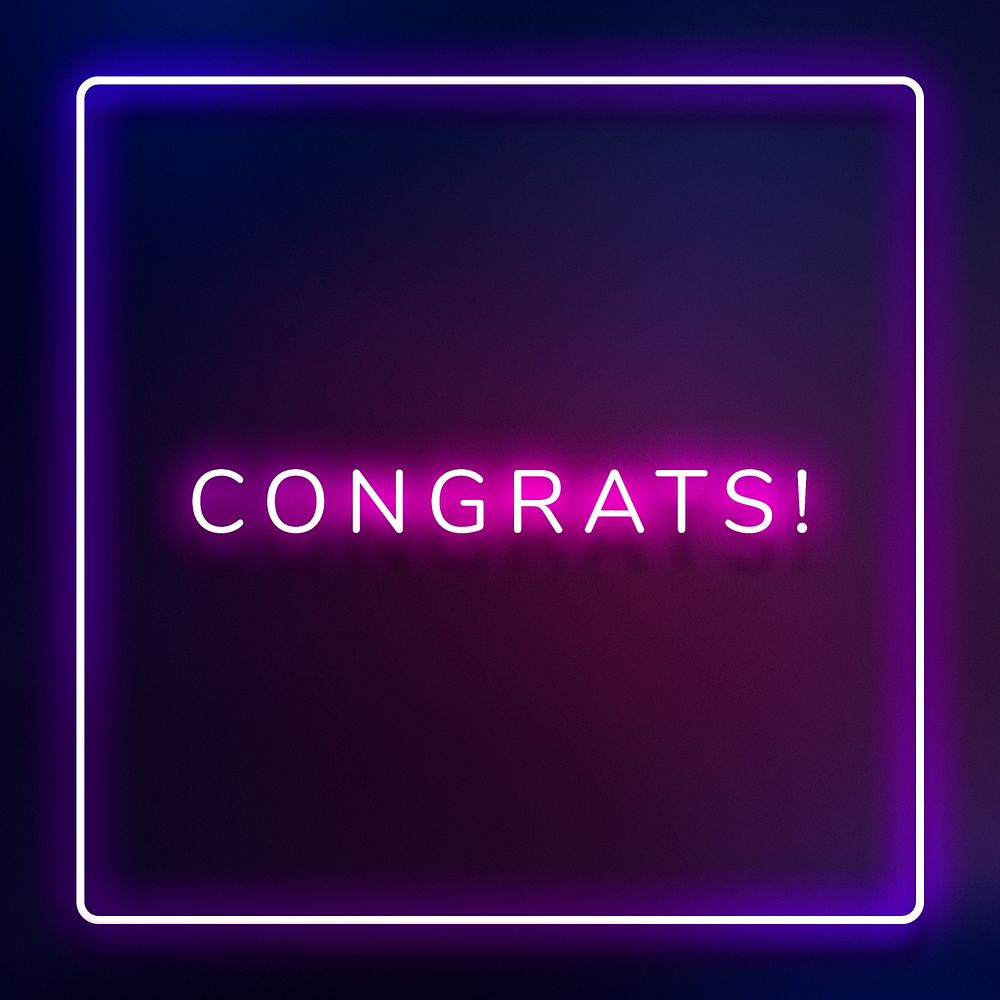 Glowing congrats neon typography on a dark purple background