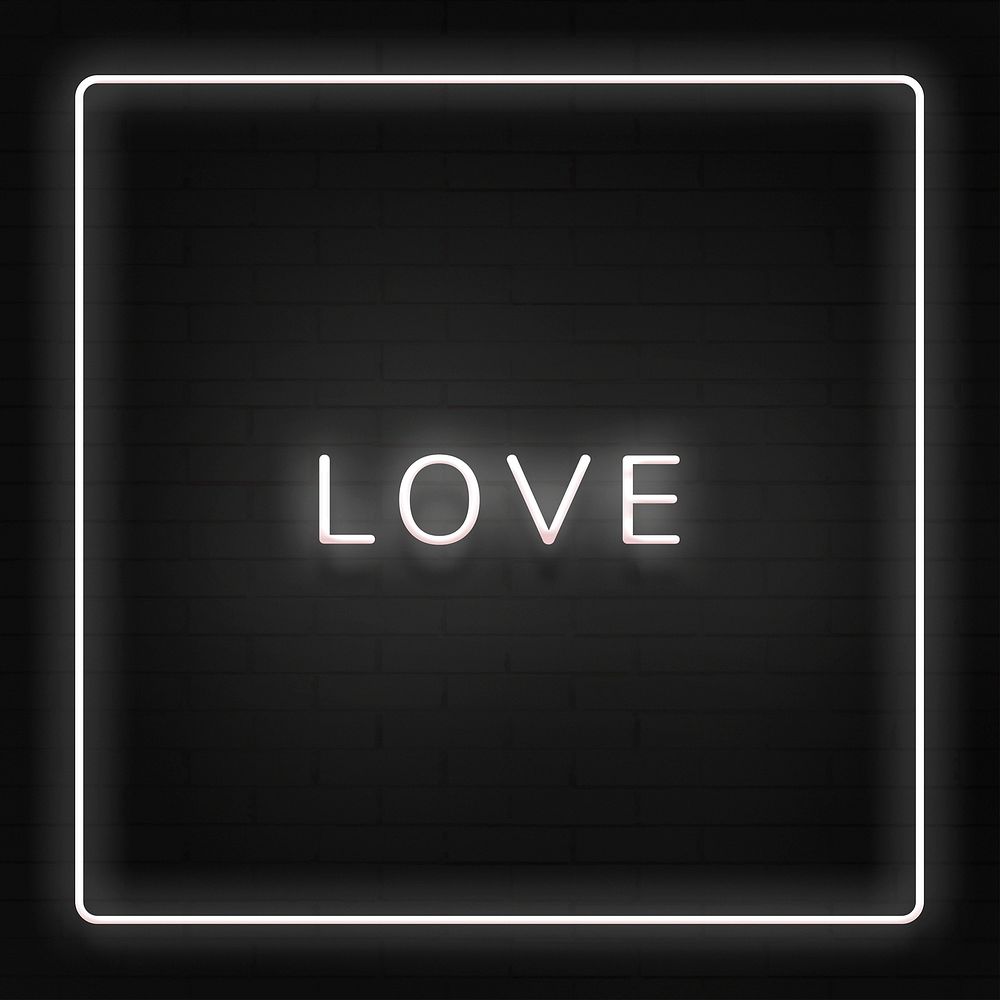 Glowing LOVE neon typography on a black background