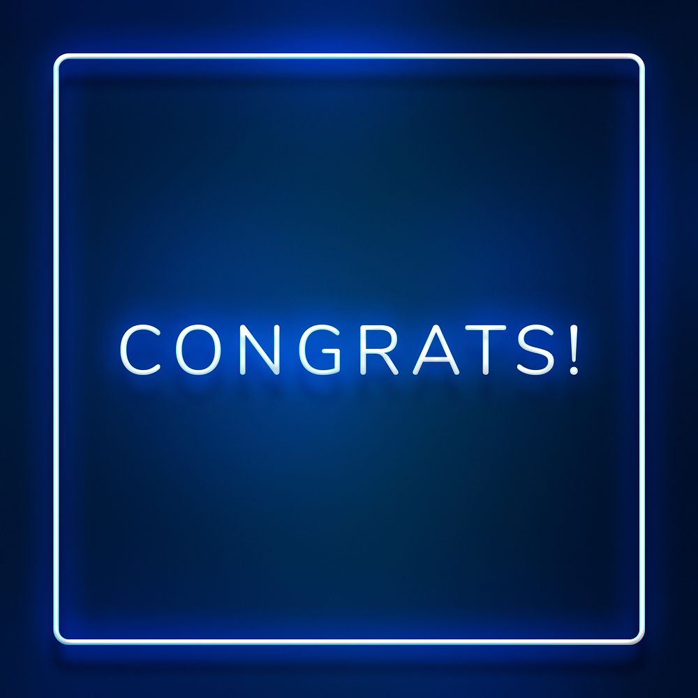 Glowing congrats neon typography on a blue background
