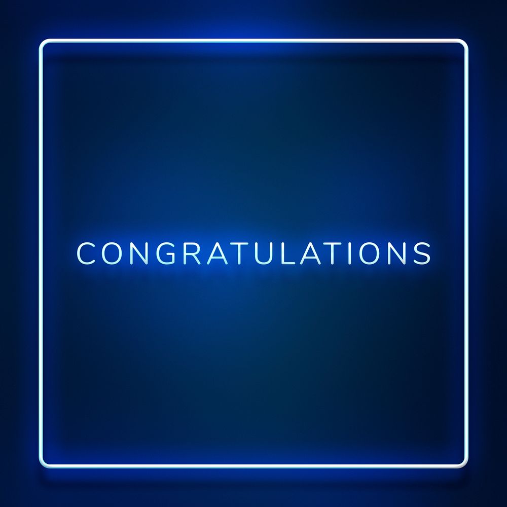 Glowing Congratulations neon typography on a blue background