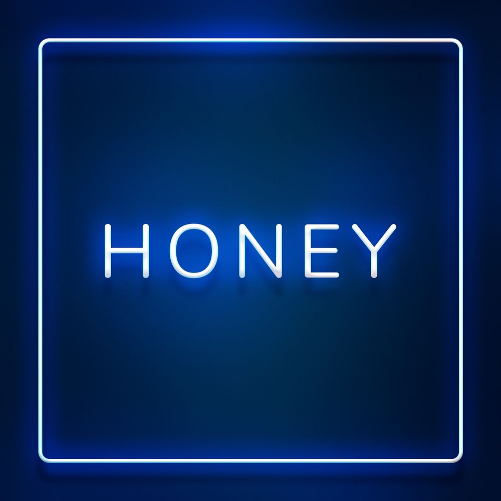 Honey neon blue text in frame on indigo blue background