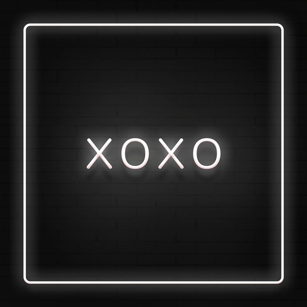Glowing XOXO neon typography on a black background