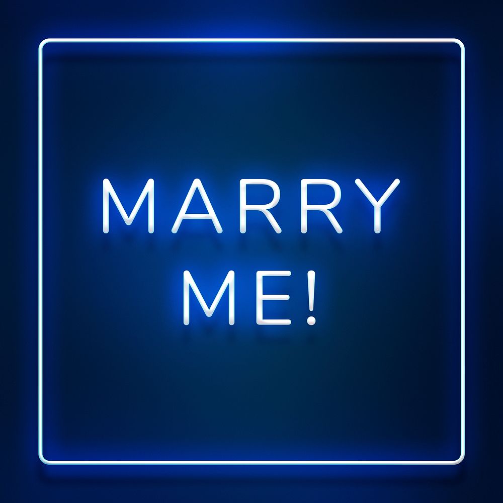 Glowing Marry me neon typography on a blue background