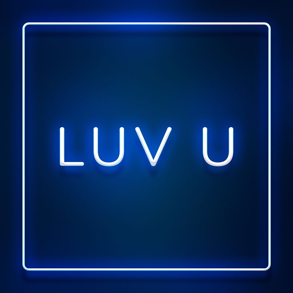 Glowing luv u neon typography on a blue background