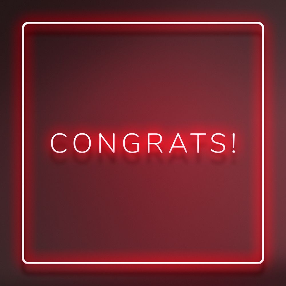 Glowing congrats neon typography on a red background