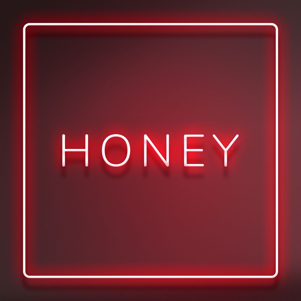Honey neon red text in frame on maroon background 
