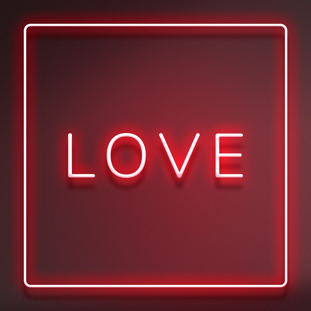 Glowing LOVE neon typography on a red background