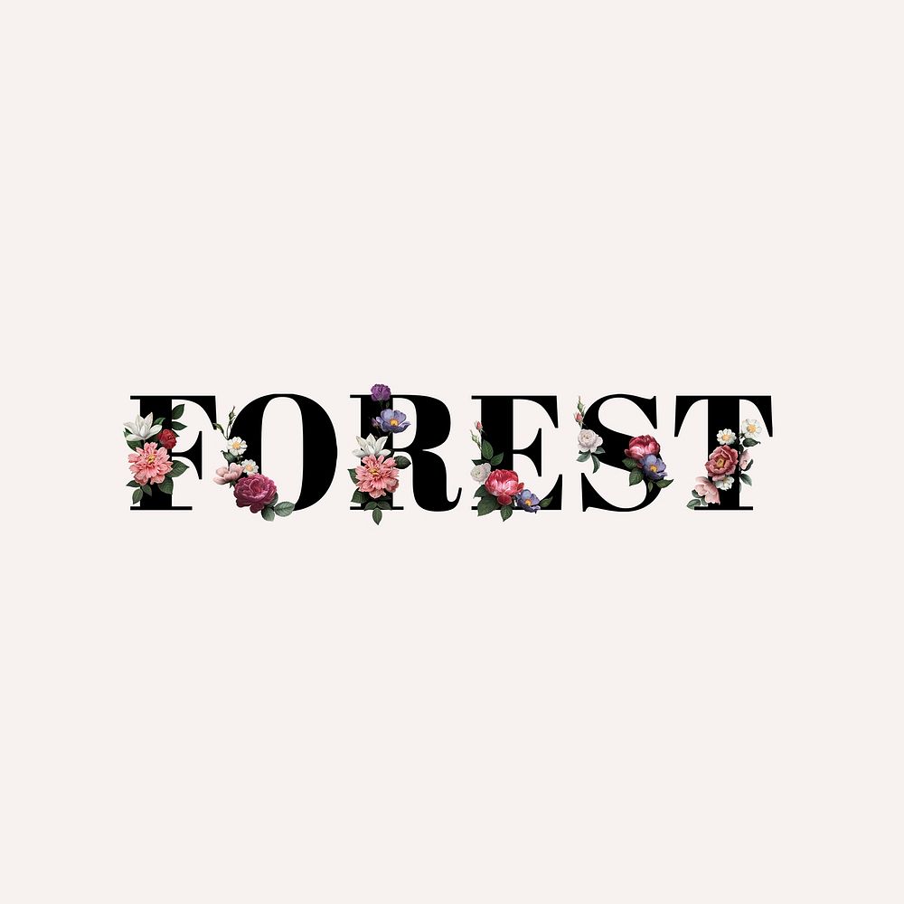 Floral forest word typography on a beige background