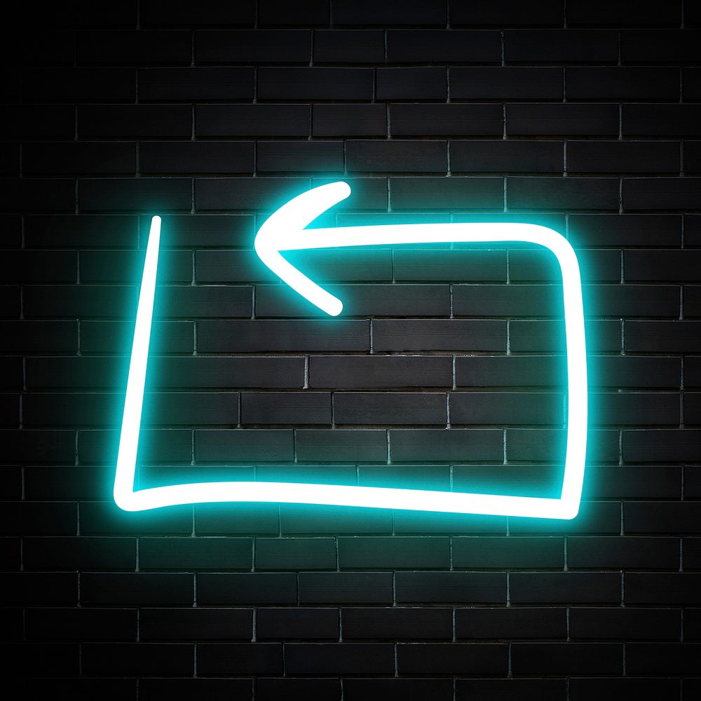 Neon blue rotate left arrow sign on brick wall