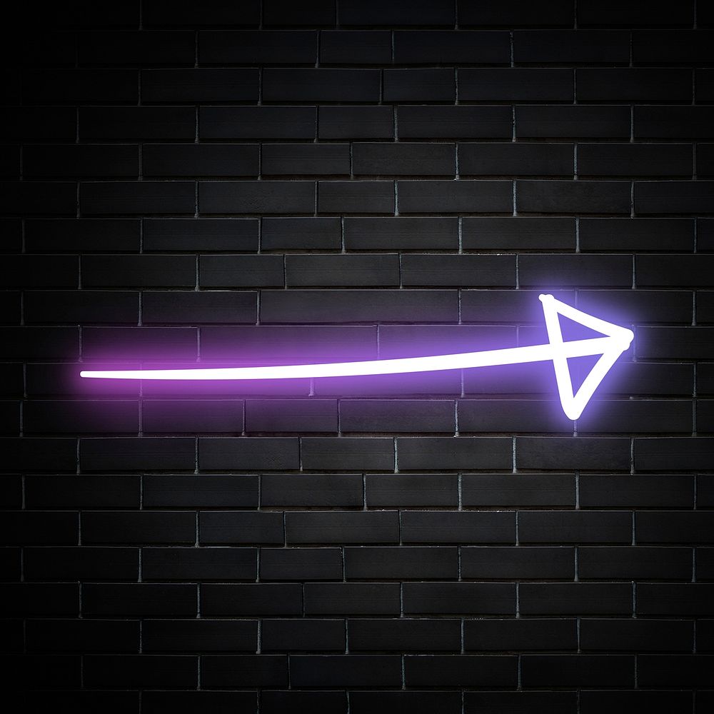 Neon purple straight arrow sign on brick wall
