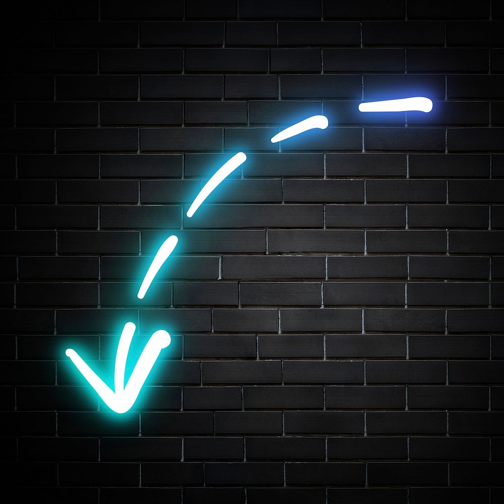 Neon blue dashed line arrow sign on brick wall