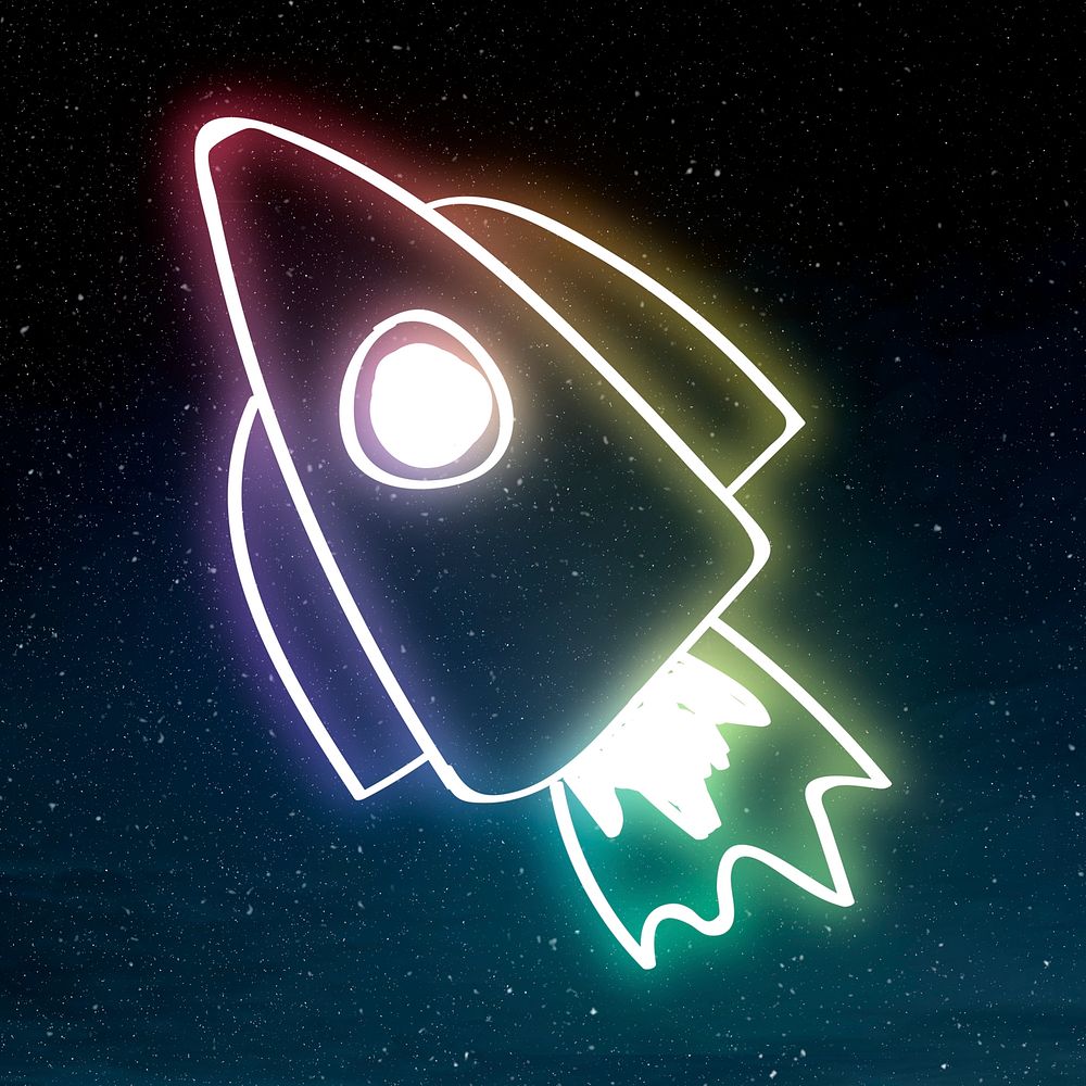 Neon rainbow light spacecraft doodle
