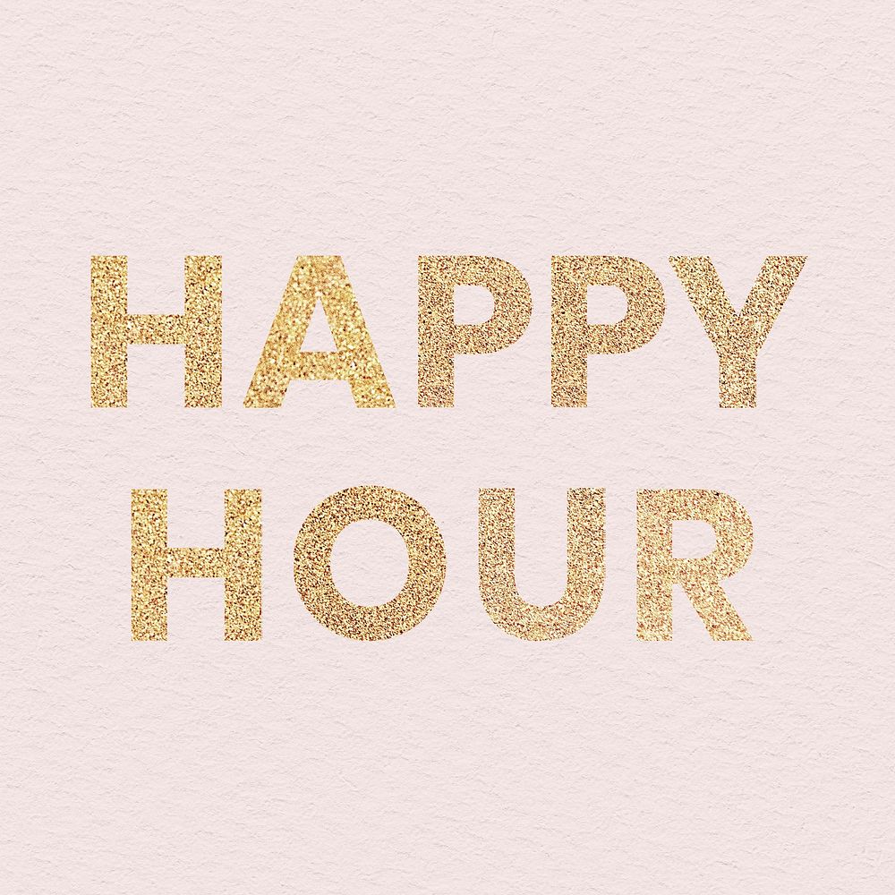 Glittery happy hour typography on a pink background