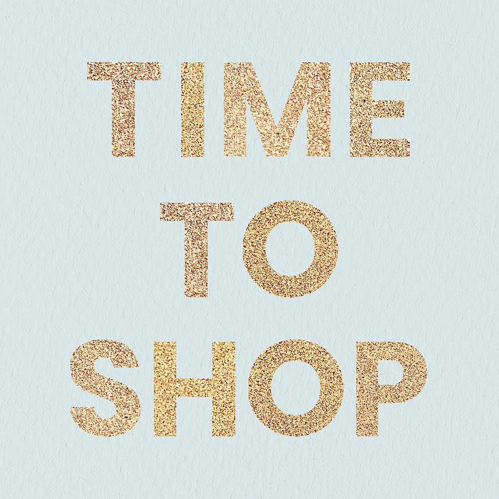 Glittery time to shop typography on a blue background