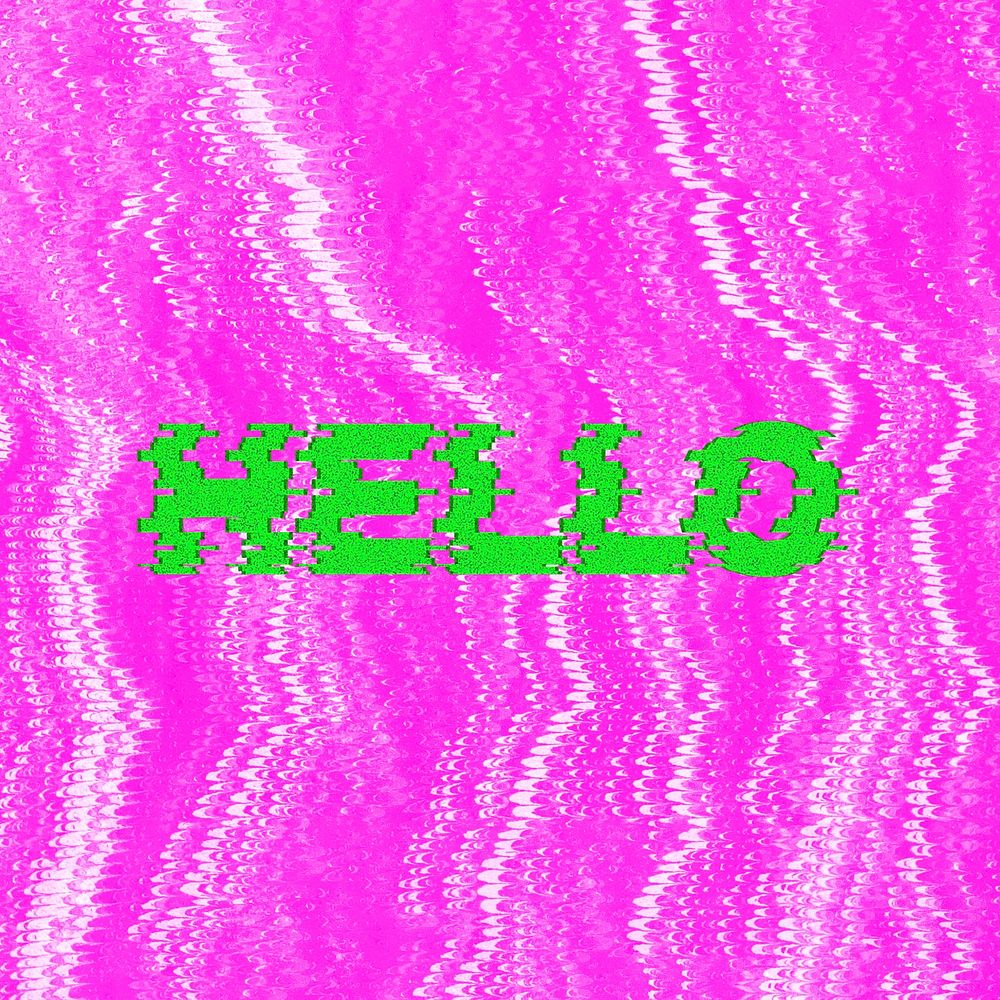 Hello glitch effect typography on pink background