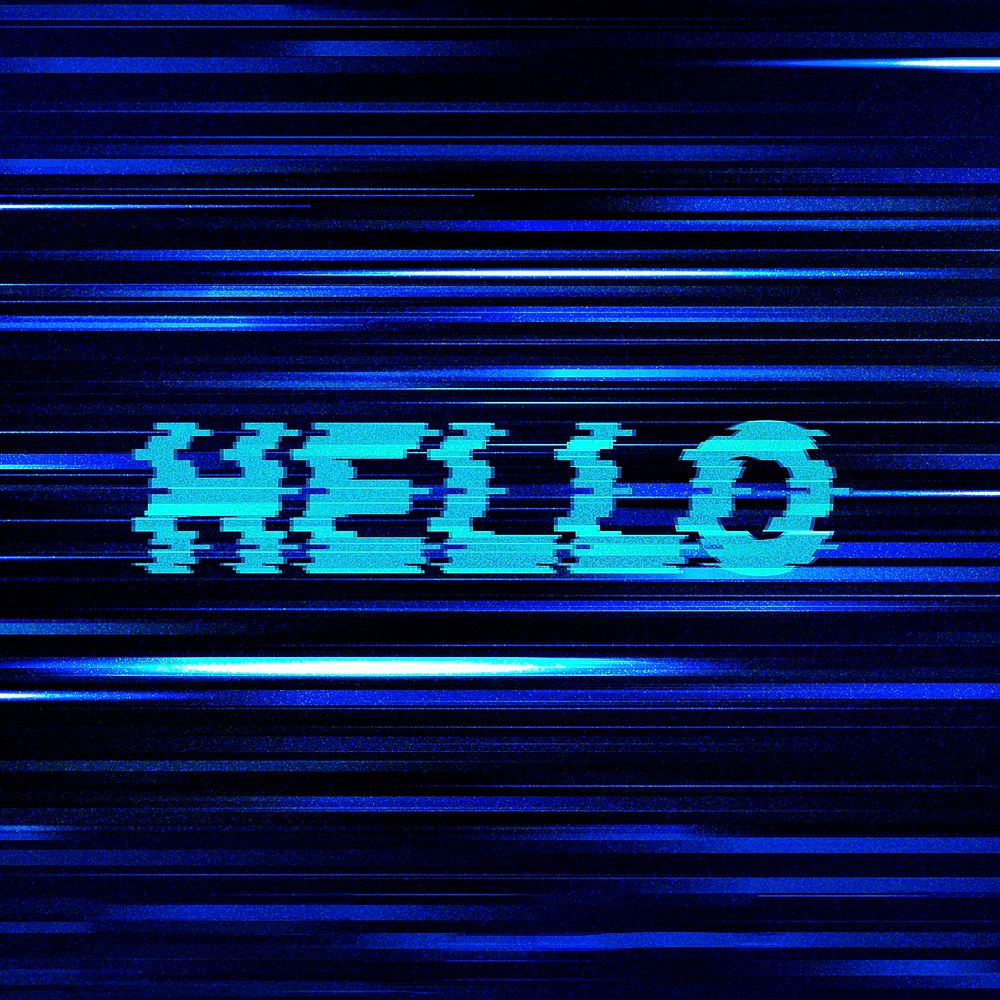 Hello glitch effect typography on blue background