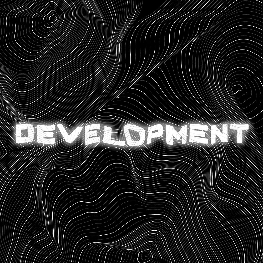 White neon development word topographic typography on a black background