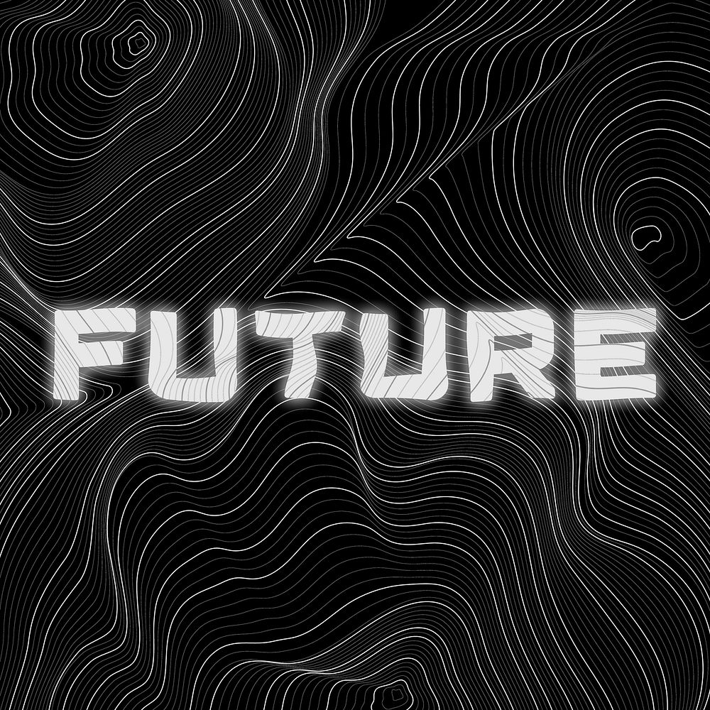 White neon future word topographic typography on a black background
