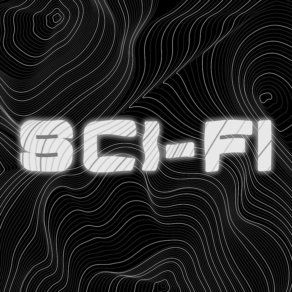 White neon sci-fi word topographic typography on a black background