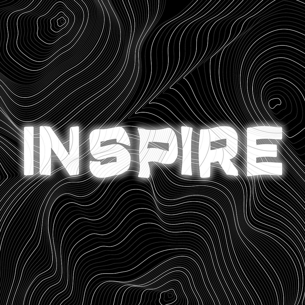 White neon inspire word topographic typography on a black background
