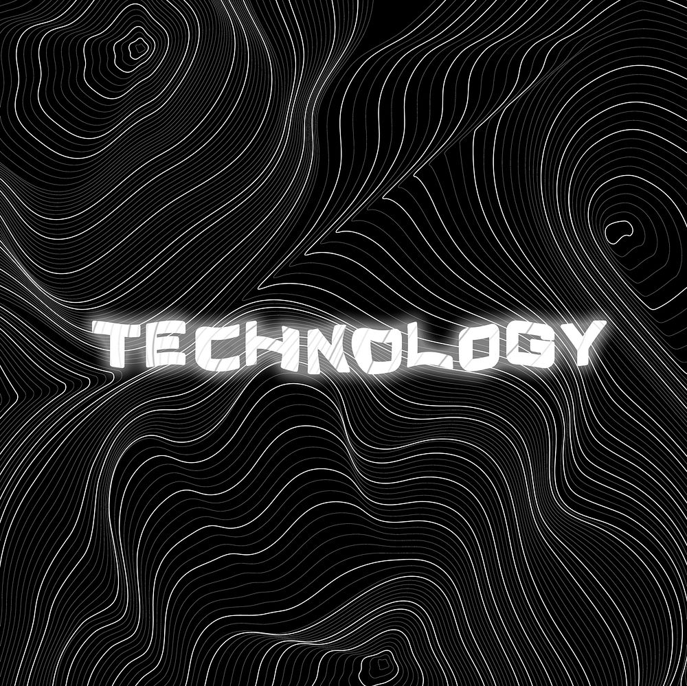 White neon technology  word topographic typography on a black background