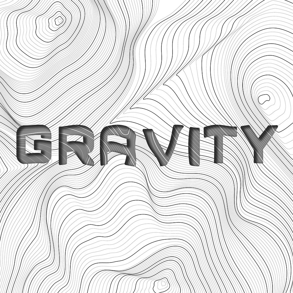 Dark gray gravity word typography on a white topographic background