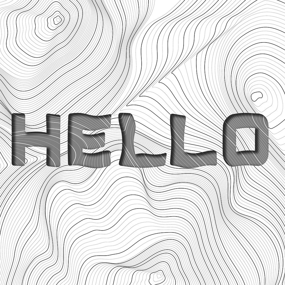 Dark gray hello word typography on a white topographic background