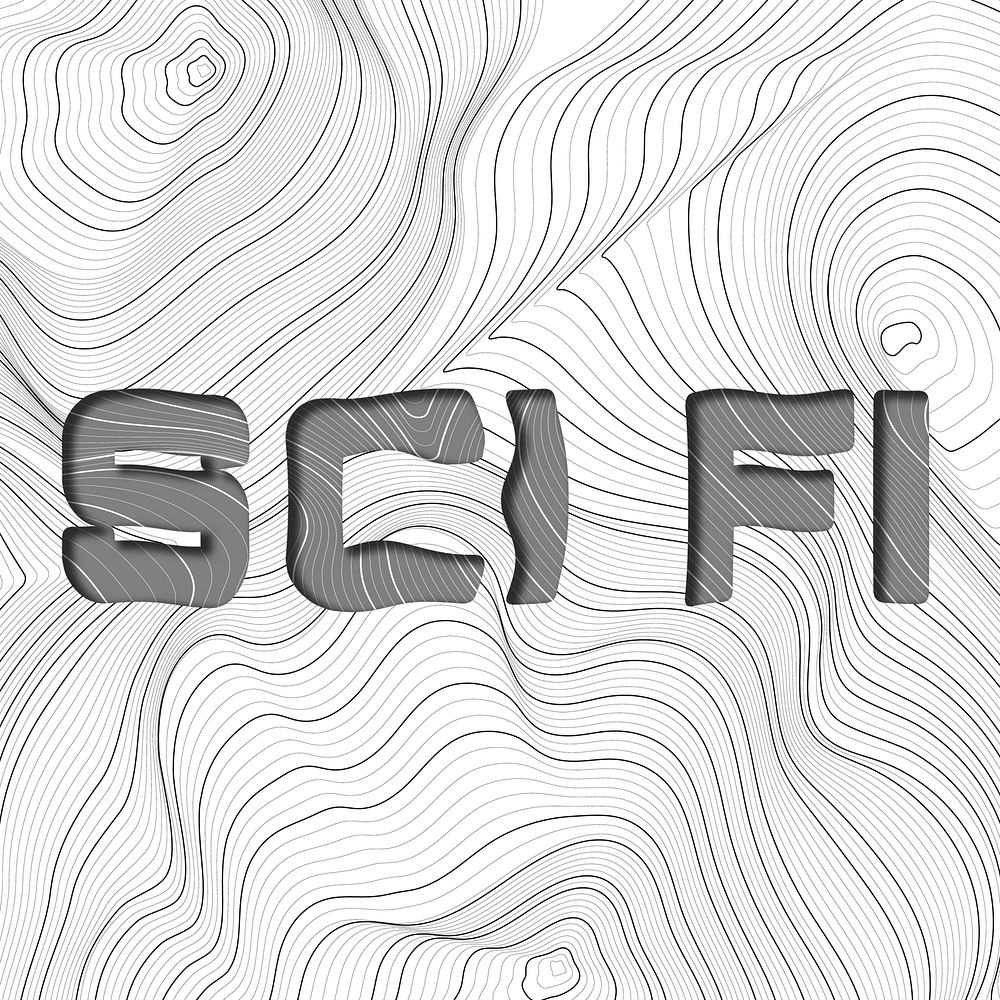 Dark gray sci fi word typography on a white topographic background