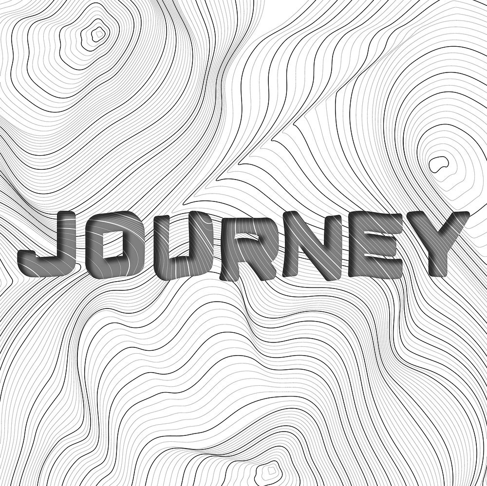 Dark gray journey word typography on a white topographic background