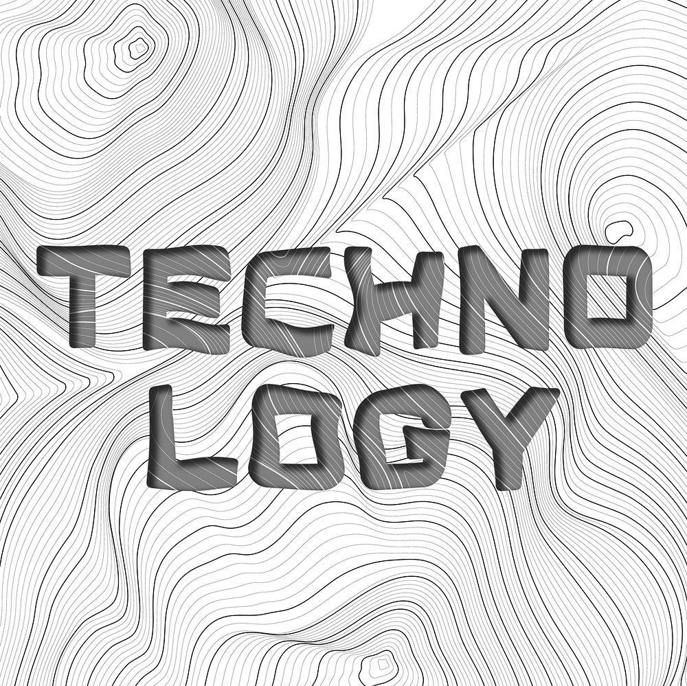 Dark gray technology  word typography on a white topographic background
