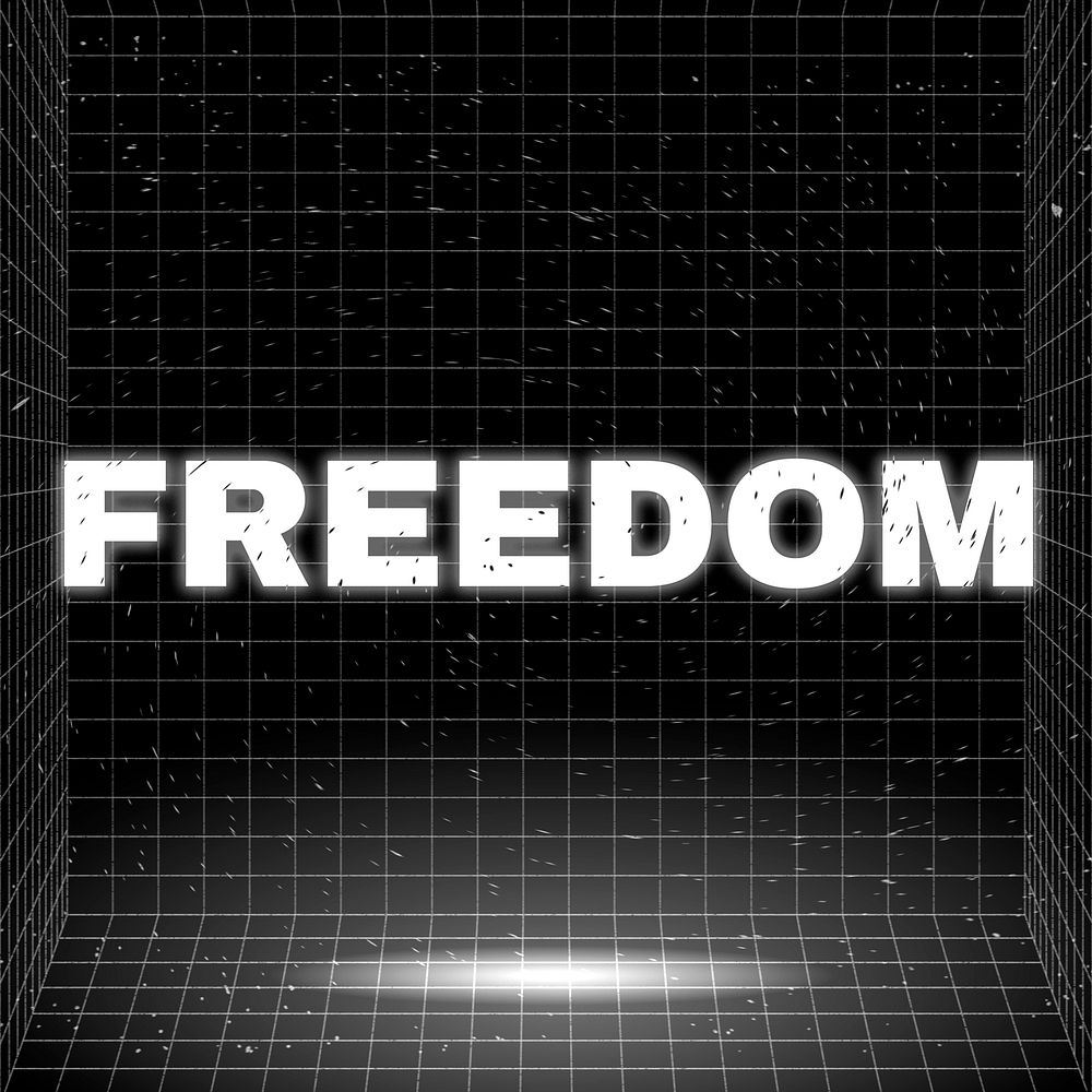 Word FREEDOM glowing typography design on black
