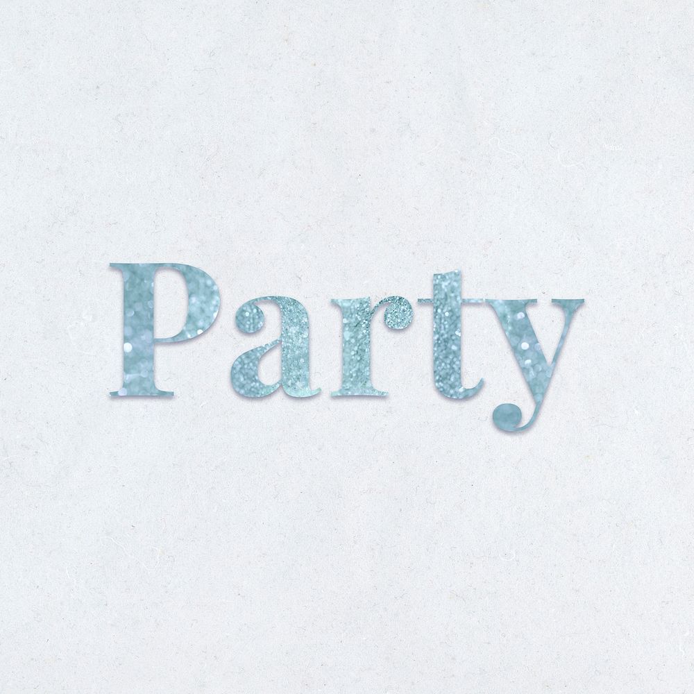 Party light blue glitter font on a blue background