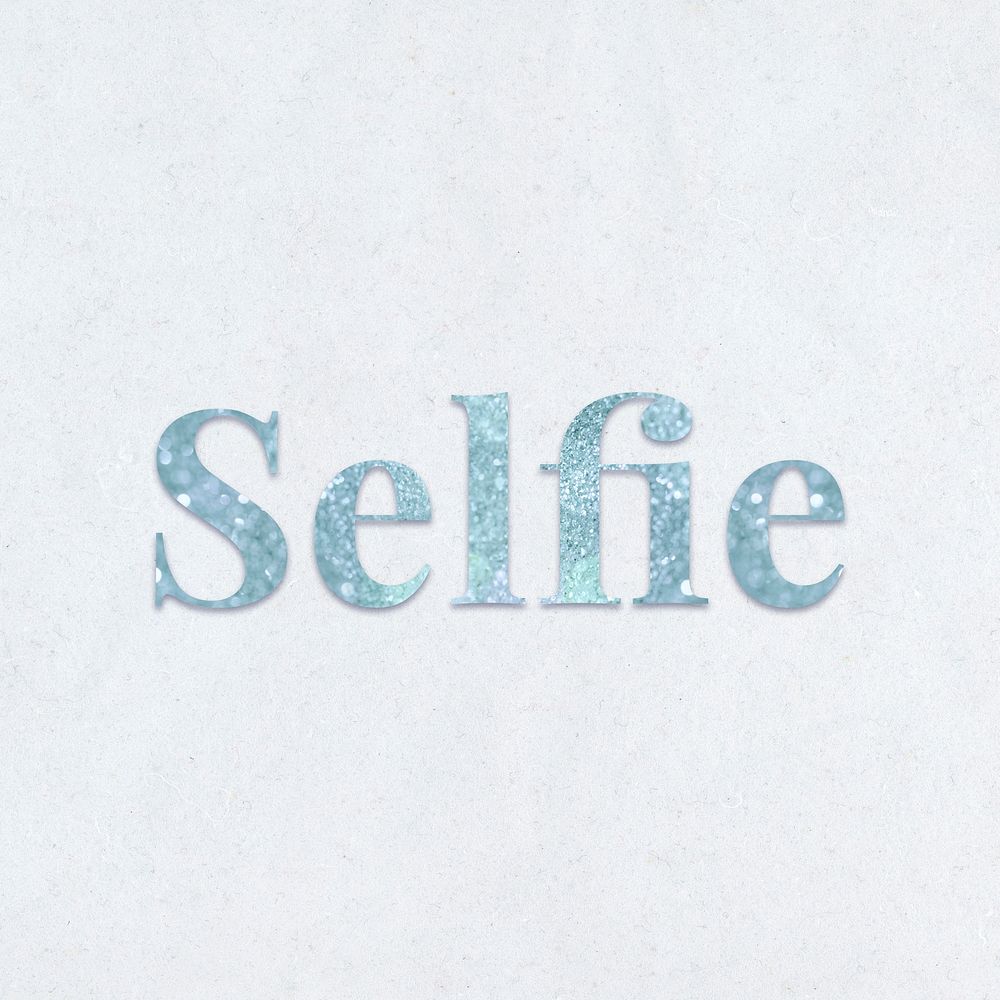Glittery selfie light blue font on a blue background