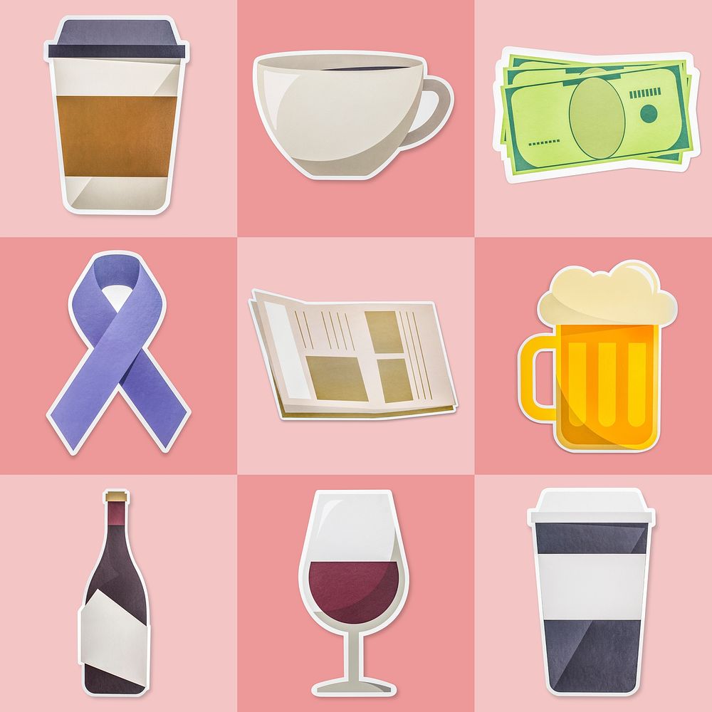 Mixed drinks and objects paper craft illustration icons design element set 