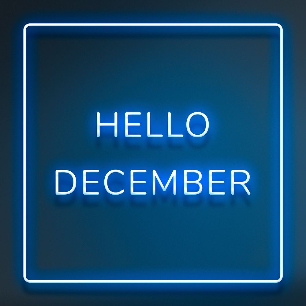 Blue neon Hello December typography framed
