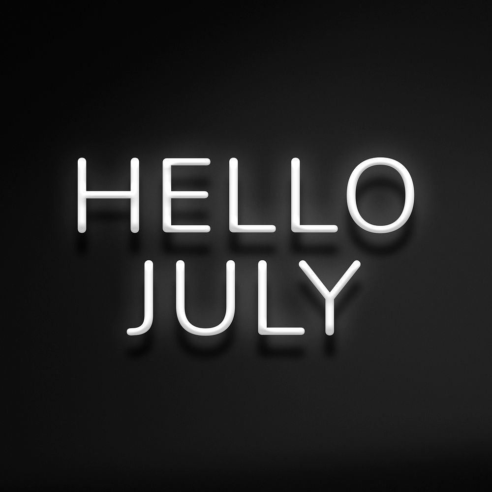 Glowing white neon Hello July typography