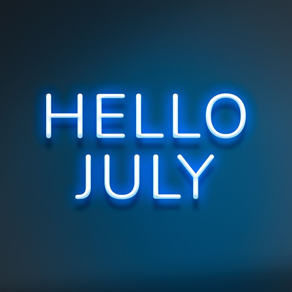 Hello July blue neon typography