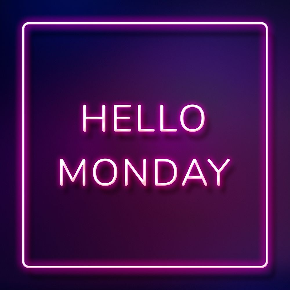 Neon purple Hello Monday typography framed