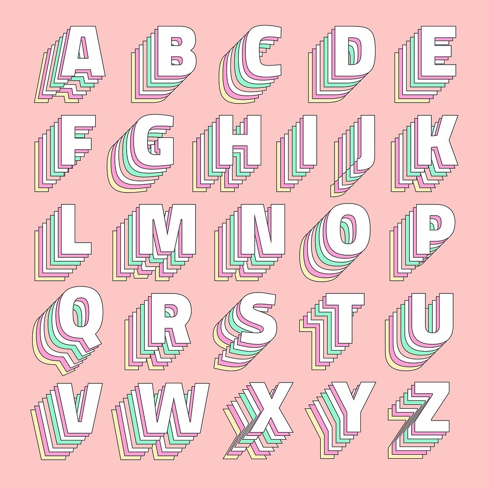 Layered retro pastel alphabet vector set