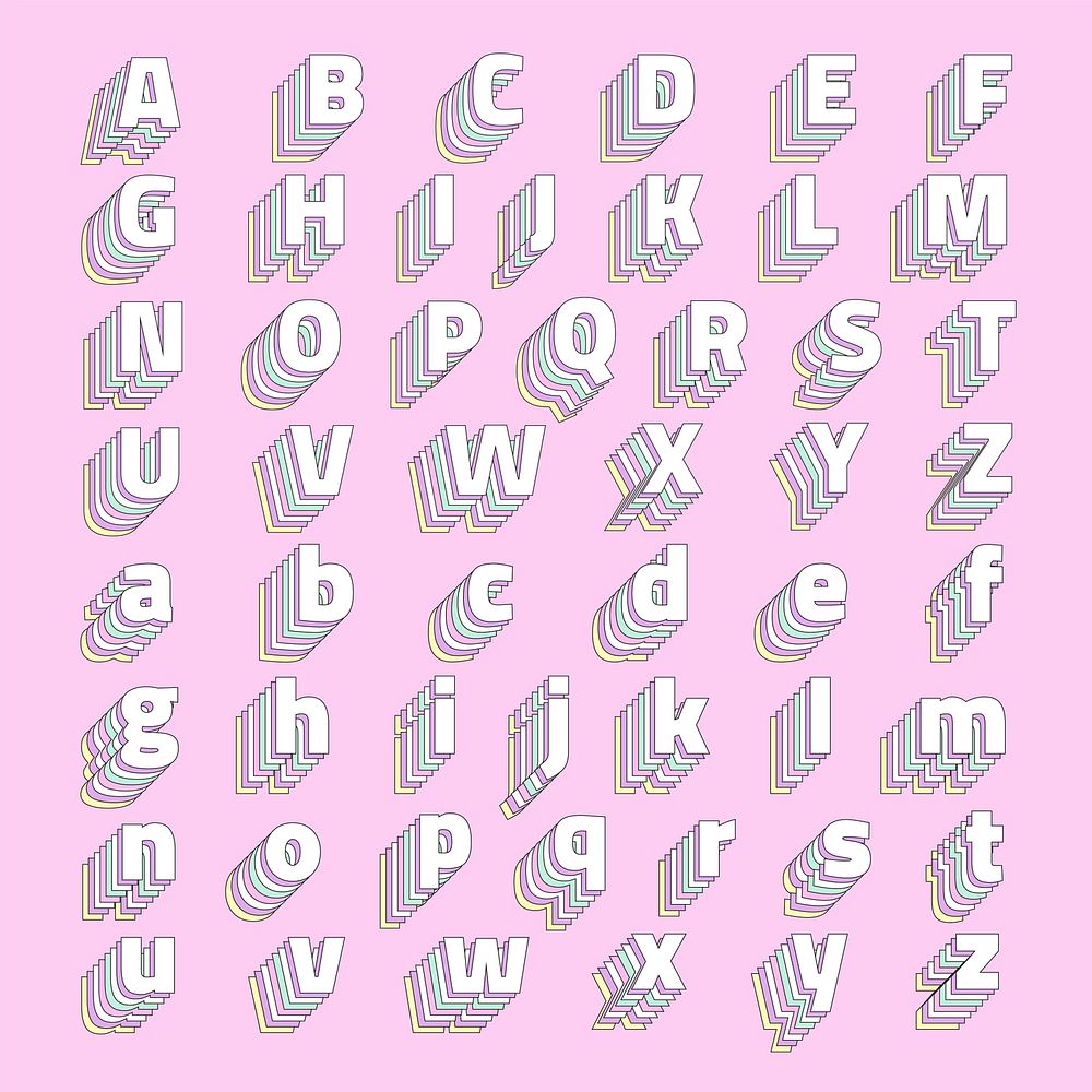 Stacked pastel 3d alphabet vector set font face